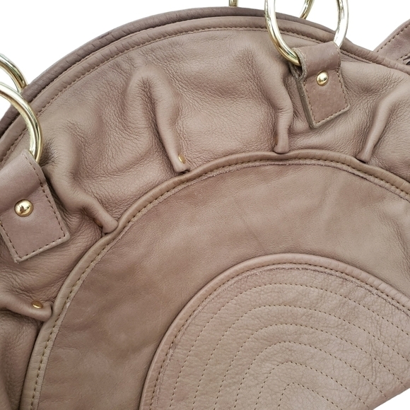 Bulga Beige Leather Large Boho Handbag Fringed Pleated Studded Details - Picture 8 of 12